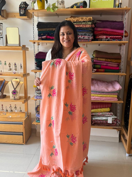 Lotus Embroidery and Sequence Work MUL SAREE Peach