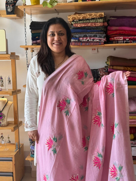 Lotus Embroidery and Sequence Work MUL SAREE -Baby Pink