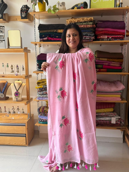 Lotus Embroidery and Sequence Work MUL SAREE -Baby Pink