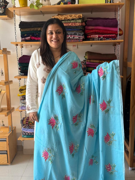 Lotus Embroidery and Sequence Work MUL SAREE -Sky Blue