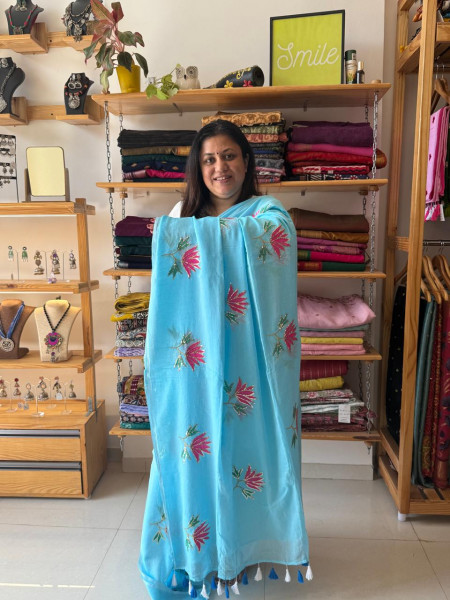 Lotus Embroidery and Sequence Work MUL SAREE -Sky Blue