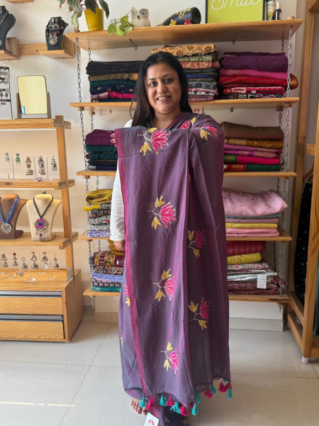 Lotus Embroidery and Sequence Work MUL SAREE -Violet