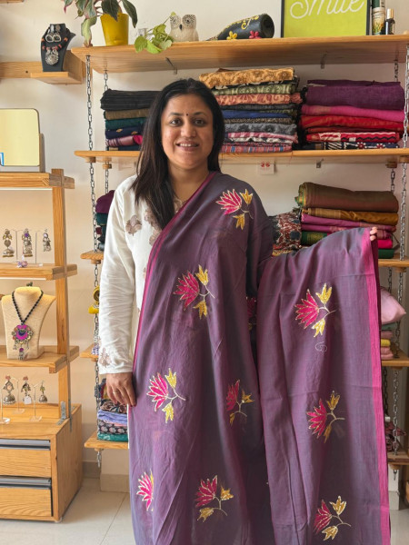 Lotus Embroidery and Sequence Work MUL SAREE -Violet