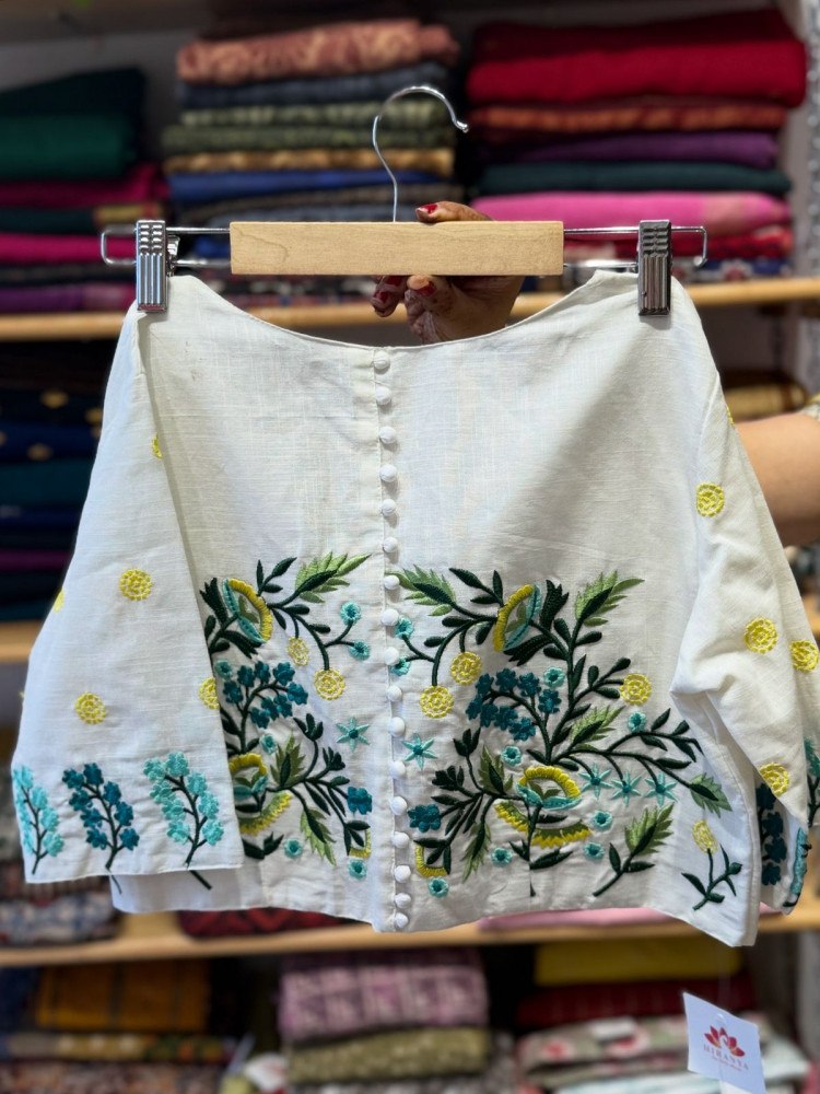 Image of White Embroidery Blouse with potli buttons