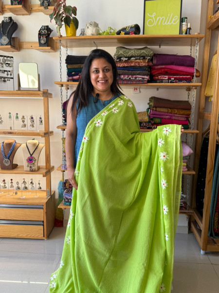 Lime Green MUL SAREE & White Embroidery BLOUSE COMBO