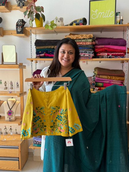 Green Mirror Embroidered Mul SAREE &  Mustard BLOUSE - MAKING TIME 20Days