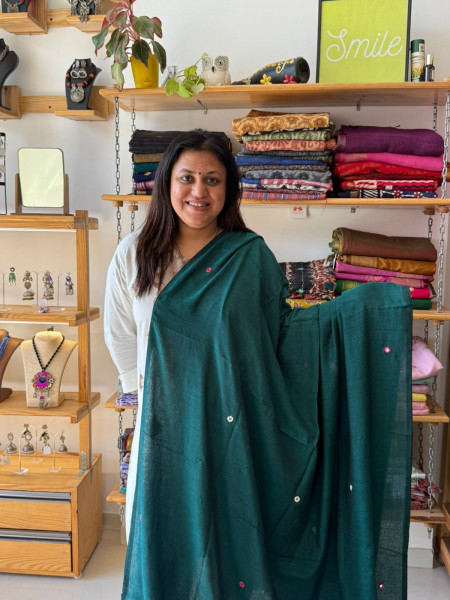 Green Mirror Embroidered Mul SAREE &  Mustard BLOUSE - MAKING TIME 20Days