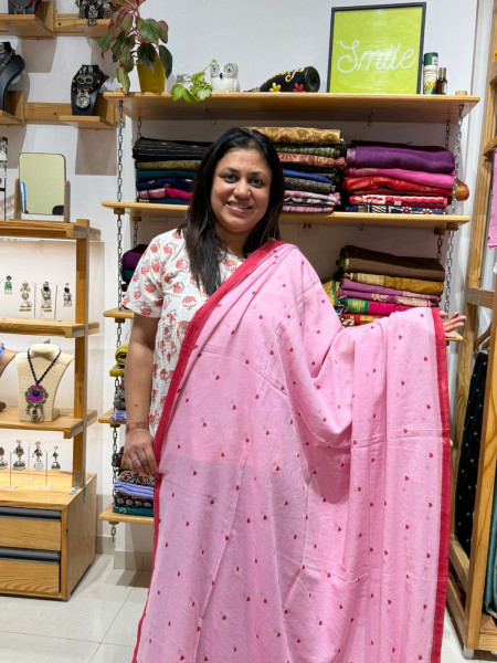 Pink Hearts print Mul SAREE &  Black BLOUSE COMBO