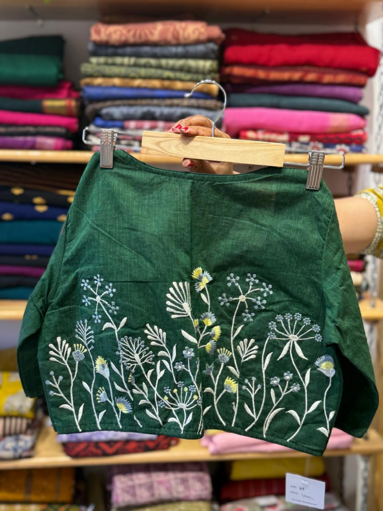 Image of Bottle Green Embroidered Blouse in SIZE 38