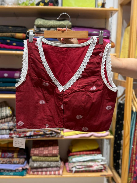 Sleeveless RED Jamdani Blouse - FREE SIZE