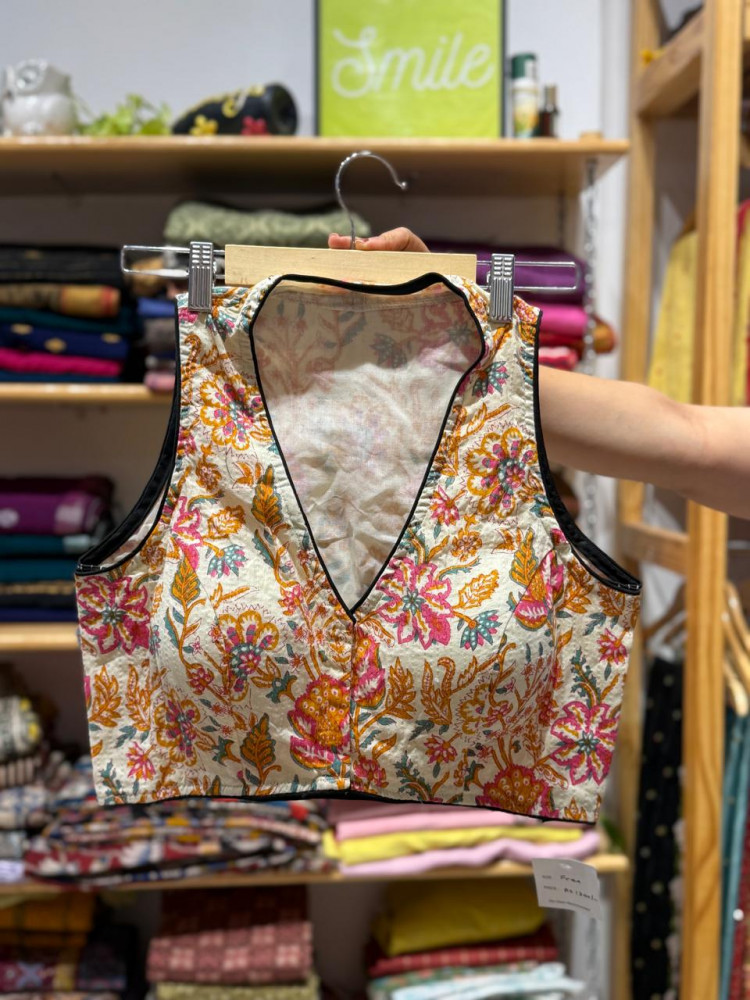 Image of Floral Kantha Stitch Sleeveless Padded Blouse - FREE SIZE