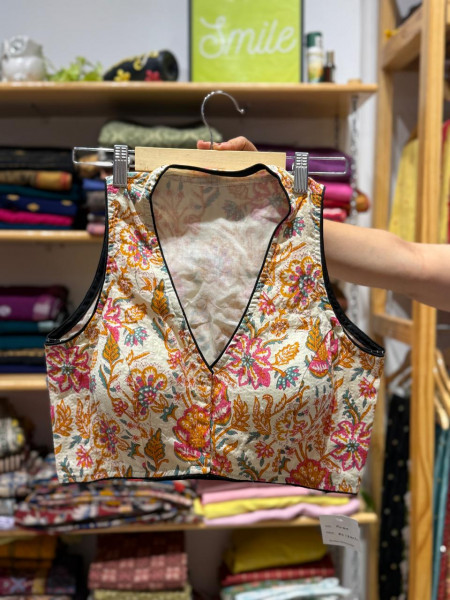 Floral Kantha Stitch Sleeveless Padded Blouse - FREE SIZE