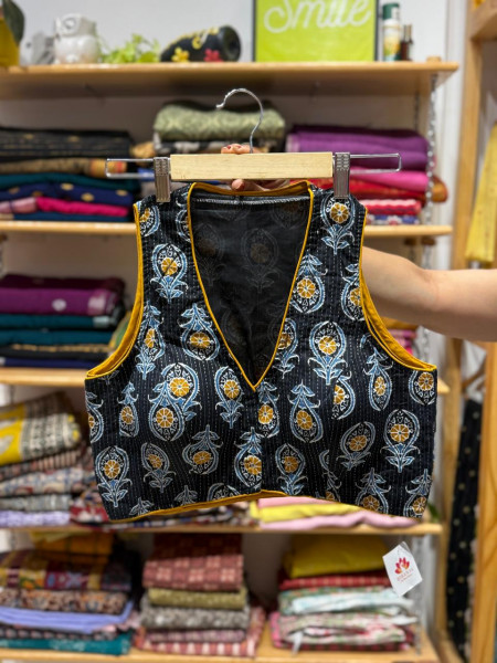 Floral Kantha Stitch Sleeveless Padded Black Blouse - FREE SIZE