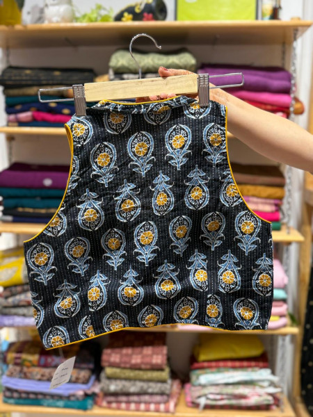 Floral Kantha Stitch Sleeveless Padded Black Blouse - FREE SIZE
