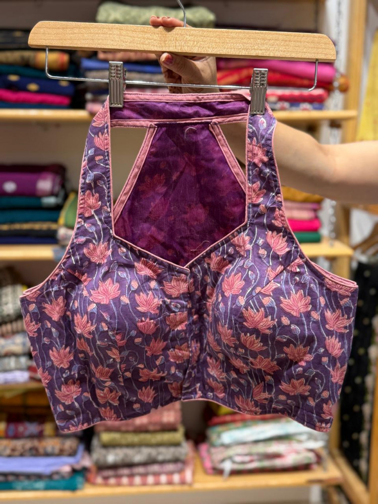 Image of Halter Neck Padded Lotus Print Pink Blouse - Sizes 36,38