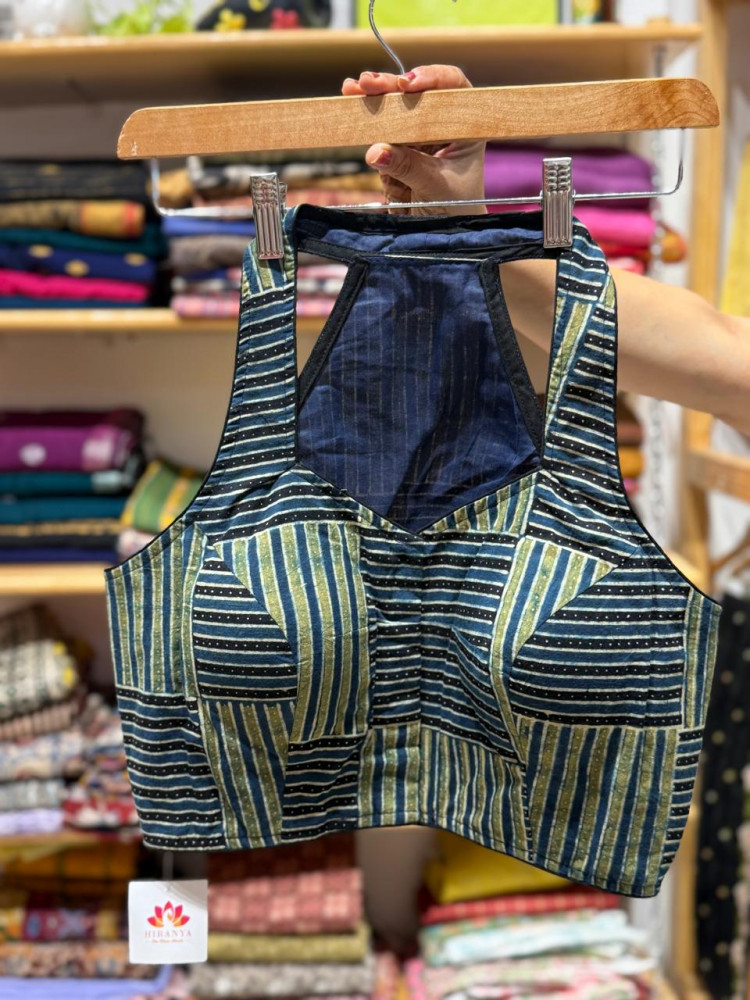 Image of Halter Neck Padded Lotus Print Blue Blouse - Sizes 36,38