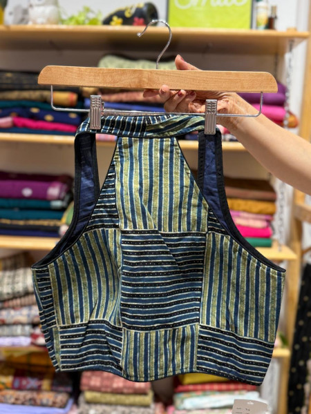 Halter Neck Padded Lotus Print Blue Blouse - Sizes 36,38