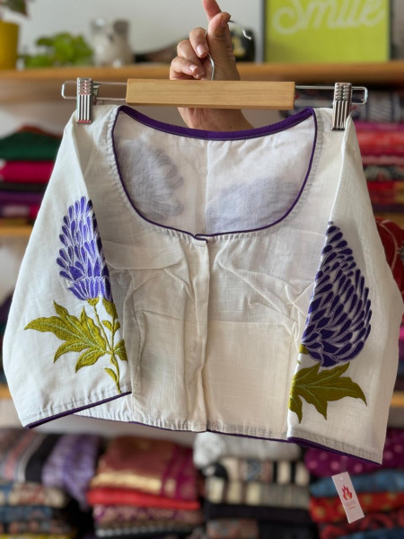 White Handloom Cotton Blouse with Blue Purple Floral Emboidery - Size 34,36 ,38,40
