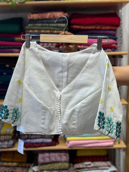 White Embroidery Blouse with potli buttons
