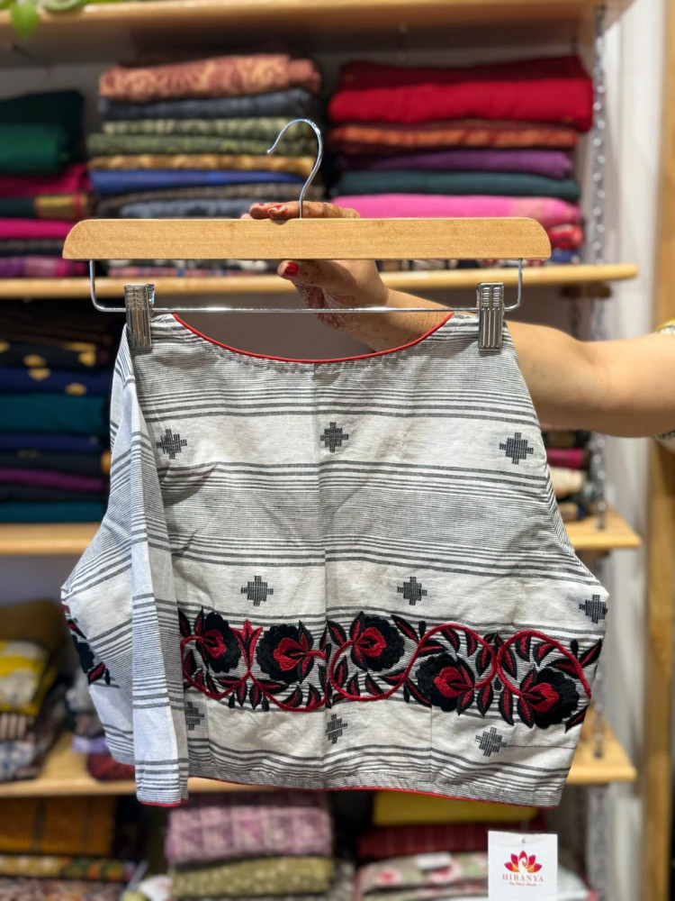 Image of White Handloom Cotton Blouse with Red Emboidery - Size 36 ,38