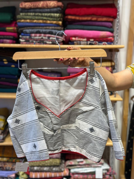 White Handloom Cotton Blouse with Red Emboidery - Size 36 ,38