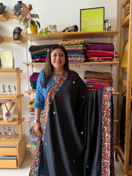 Ajrakh Patchwork Saree - Black