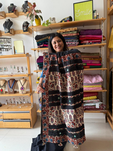 Ajrakh Patchwork Saree - Black