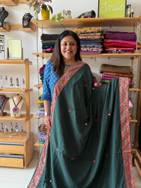 Ajrakh Patchwork Saree - Bottle Green