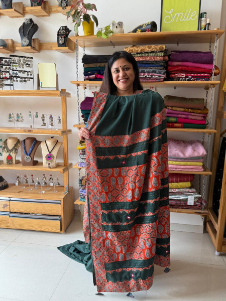 Ajrakh Patchwork Saree - Bottle Green