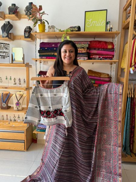 Coco cola Colour Handblockprint saree with White Embroidered Blouse