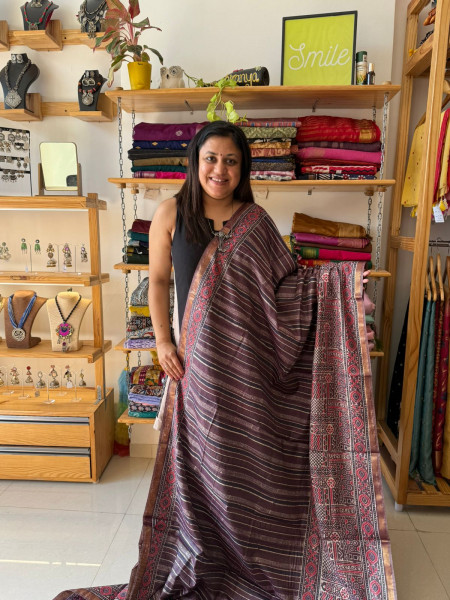 Coco cola Colour Handblockprint saree with White Embroidered Blouse