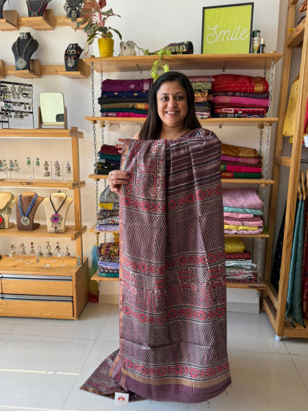 Coco cola Colour Handblockprint saree with White Embroidered Blouse