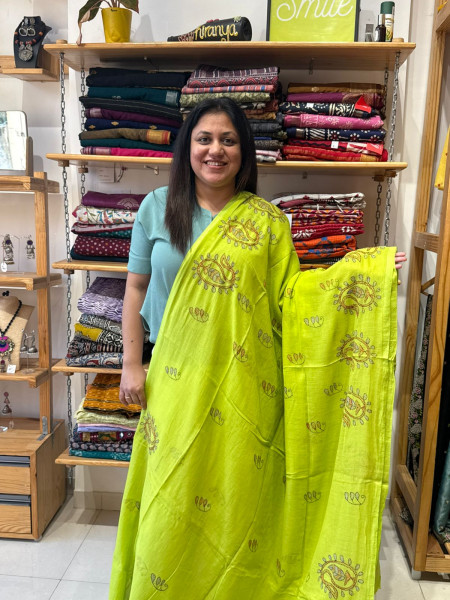 Mul Kantha Stitch Saree - Lime Green
