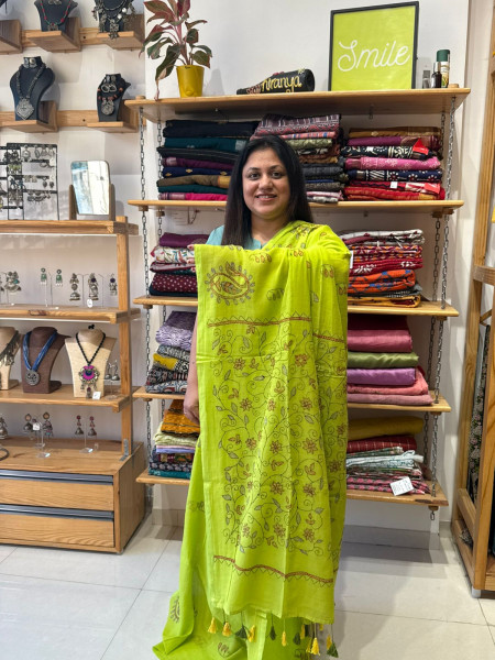 Mul Kantha Stitch Saree - Lime Green