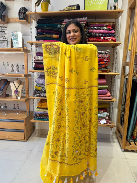 Mul Kantha Stitch Saree - Yellow