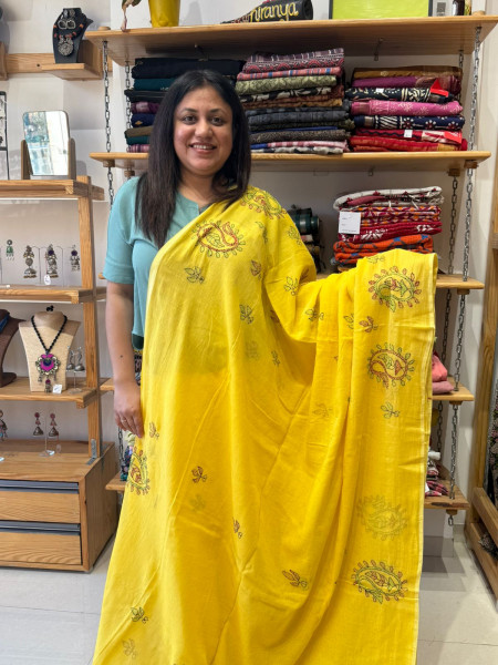 Mul Kantha Stitch Saree - Yellow
