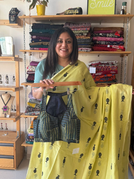 Fish Embroidery Saree with Halter Neck Blouse