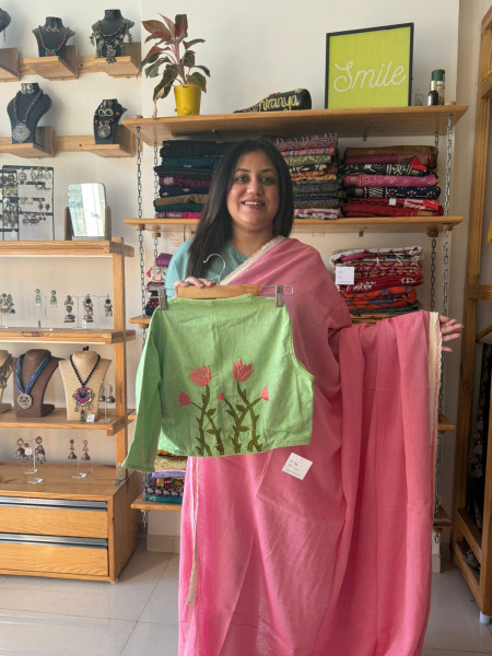 Mul Saree with crochet lace borders and Sea green blouse