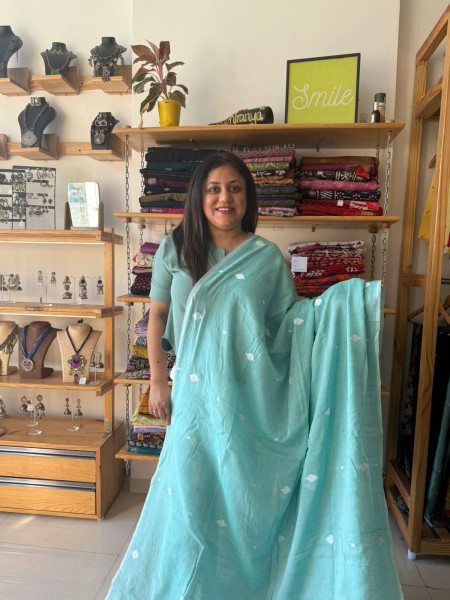 Mul Jamdani Saree with White Embroidered Blouse