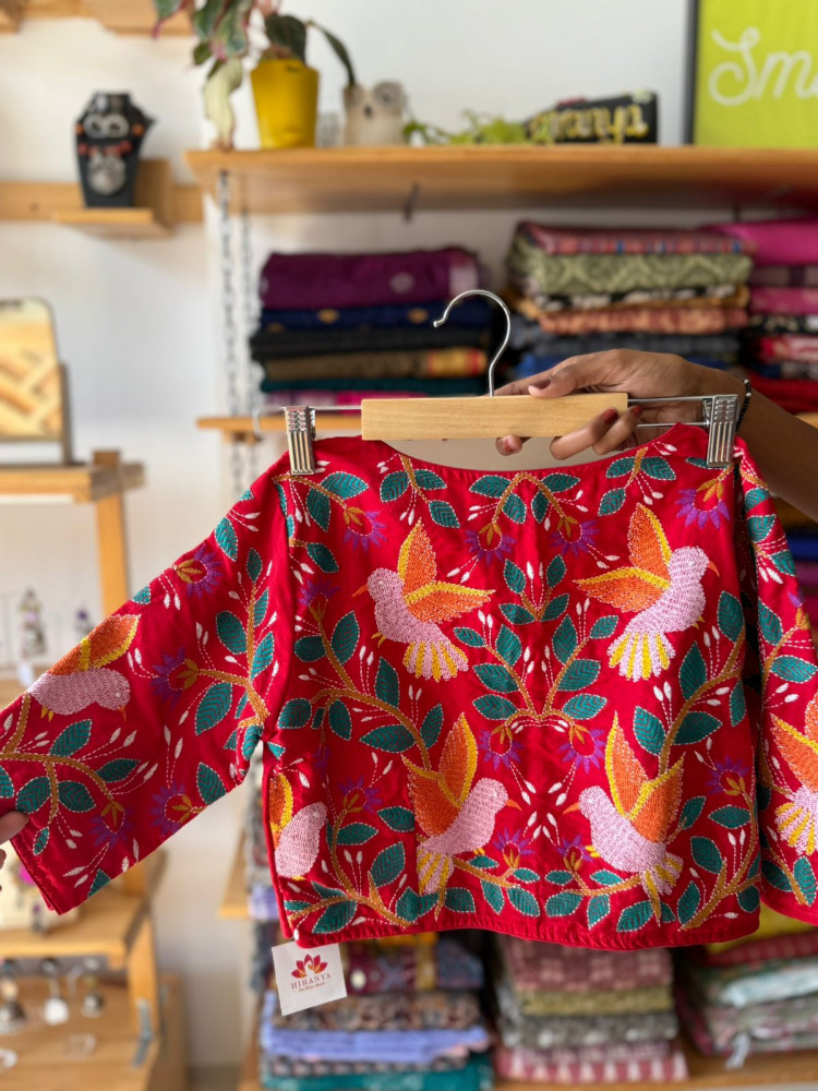 Image of Red Kantha Stitch Cotton silk Blouse