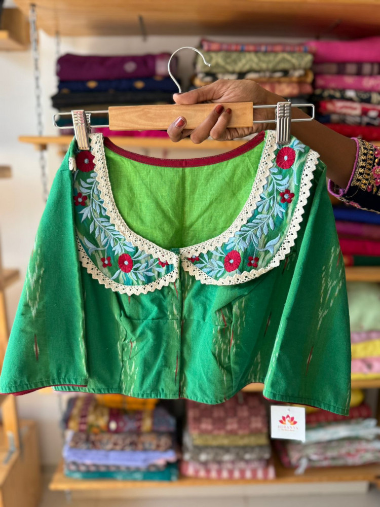 Image of Green Ikkat Blouse with collar- only size 38