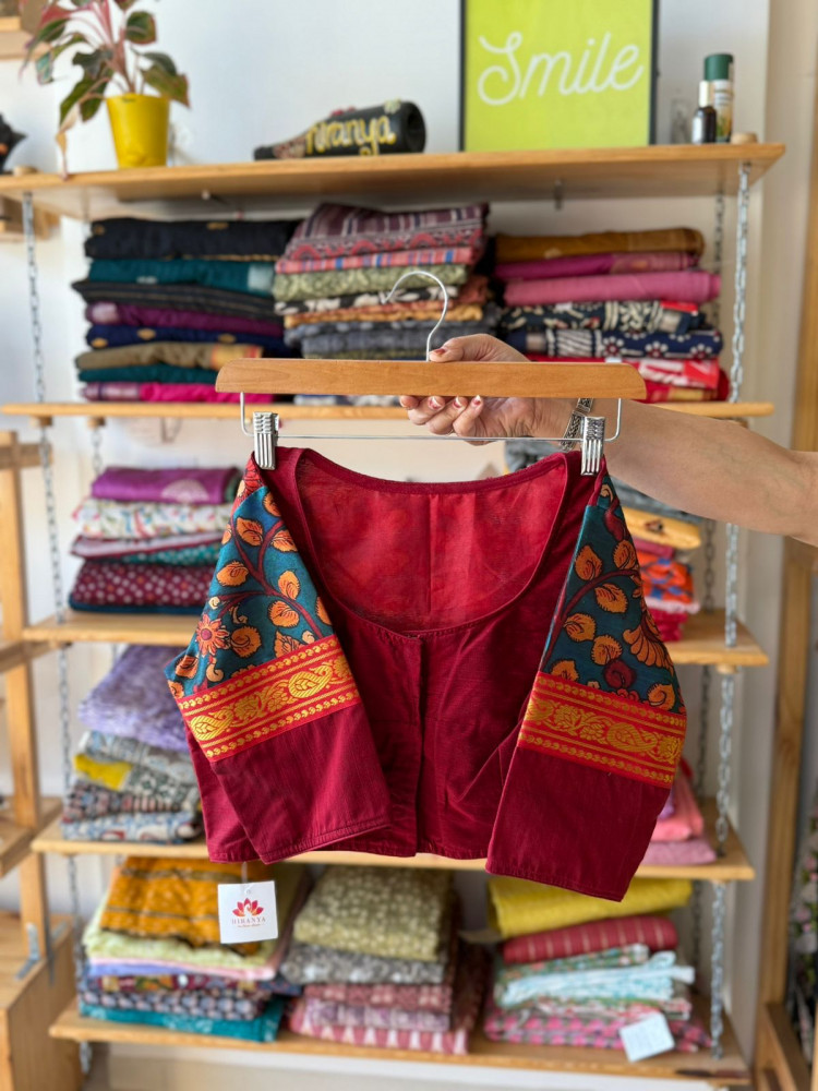 Image of Kalamkari Patchwork Blouse - Red Blue