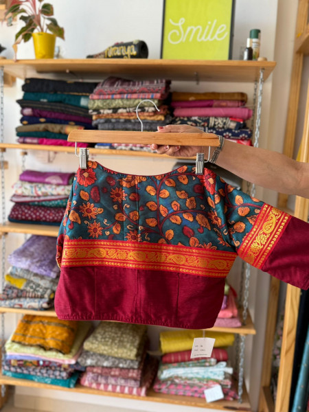 Kalamkari Patchwork Blouse - Red Blue