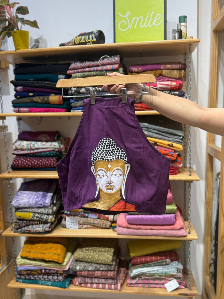 Image of Handpainted Buddha Halter Neck Padded Blouse - Purple - Free Size