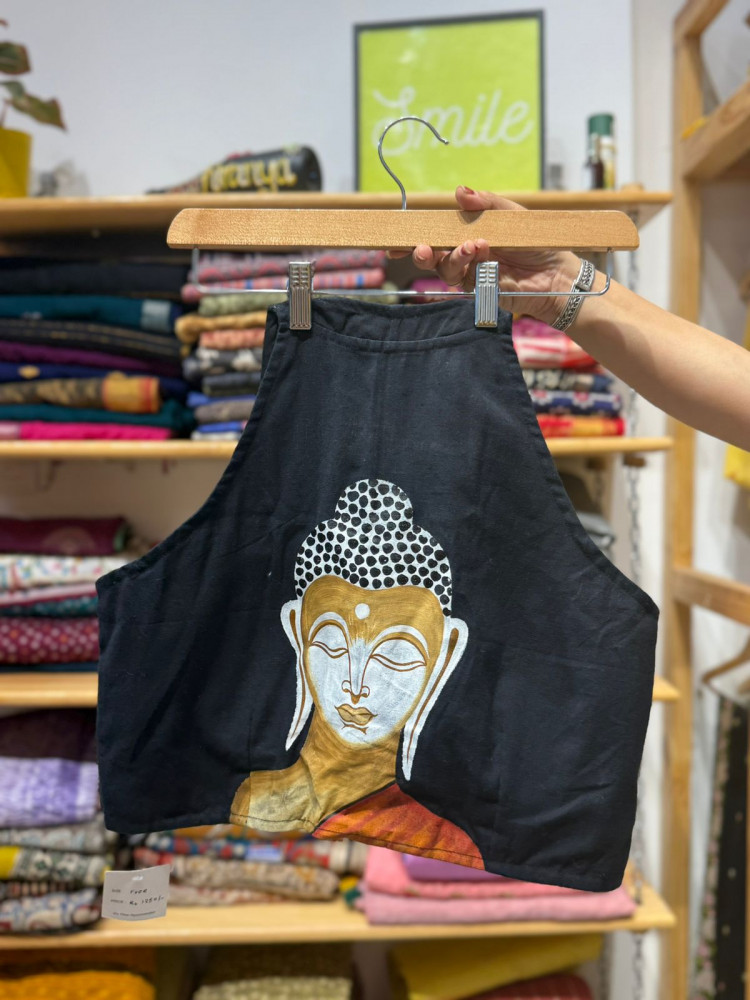 Image of Handpainted Buddha Halter Neck Padded Blouse - Black - Free Size