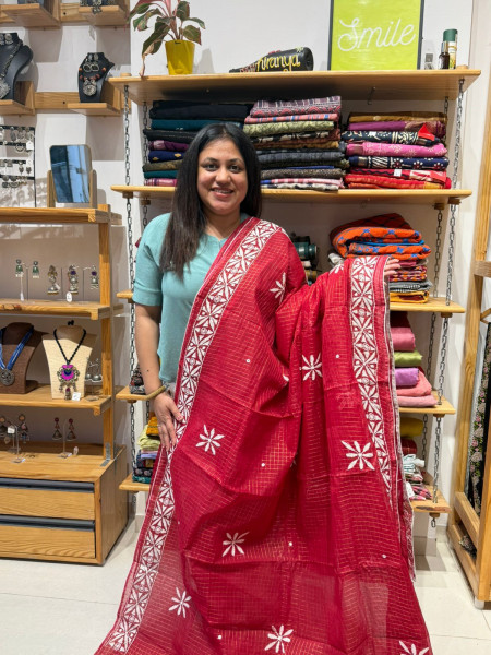 Resham Kota Saree with GUJRATI Handwork - RED WHITE