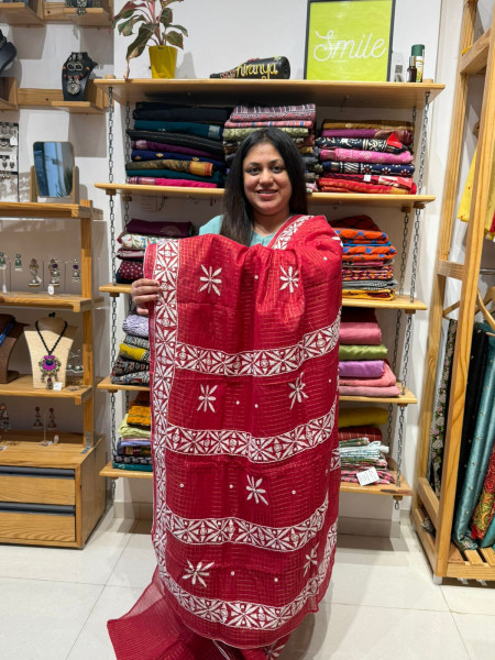 Resham Kota Saree with GUJRATI Handwork - RED WHITE