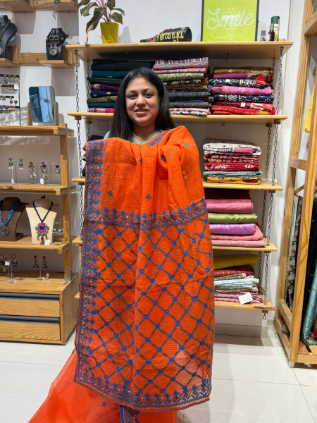 Resham Kota Saree with GUJRATI Handwork - Orange