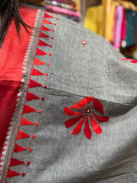 Mirror Gujrati Work Saree - Grey Red