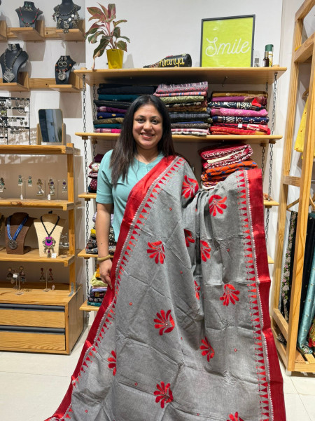 Mirror Gujrati Work Saree - Grey Red